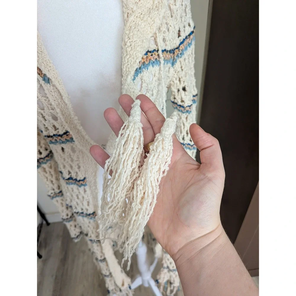 Free People Sunblock Cardigan Boho Crochet Fringe Duster Ivory Blue Small